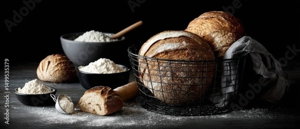 Obraz Artisan Bread Still Life in Dark Moody Style Baskets Bowls Flour Baking Preparation Food Photography