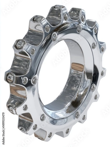 Obraz Chrome Gear Close-up on White Background Studio Shot Industrial Design Precision Engineering Component Mechanical Part