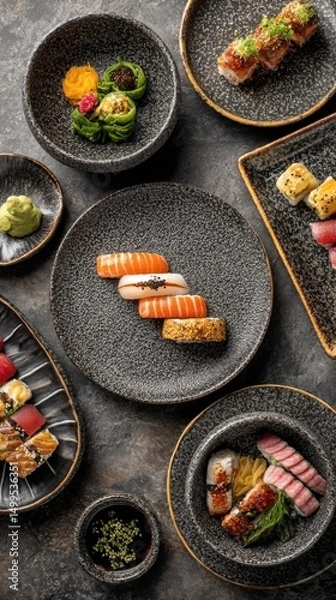Obraz Overhead view of artistic sushi arrangement on textured plates and bowls, Japanese cuisine presentation, food photography, studio shot