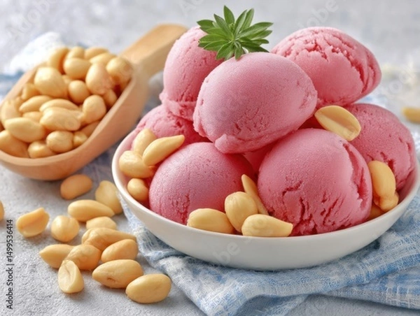 Obraz Pink ice cream scoops in bowl with peanuts and wooden spoon still life close up studio shot dessert
