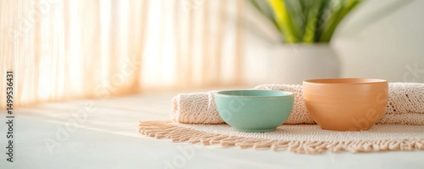 Obraz Serene spa wellness retreat features minimalistic bowls on soft surface