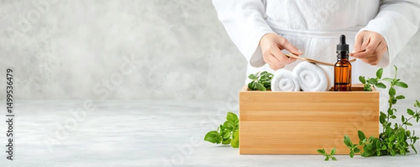 Obraz Serene spa wellness retreat with minimal decor featuring essential oils and towels