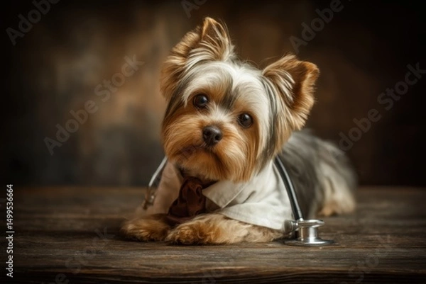Fototapeta Yorkshire Terrier puppy dressed as a doctor with stethoscope on a wooden surface in a studio setting looking at camera
