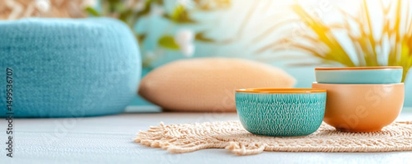 Obraz Bright and inviting spa wellness retreat featuring minimal decor with colorful bowls