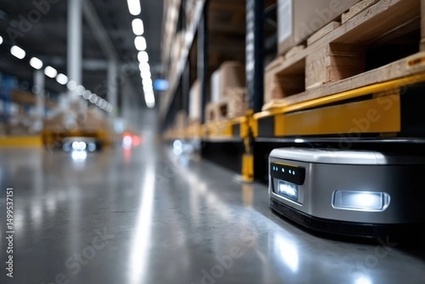 Obraz A close-up shot of autonomous robots operating on the floor of a modern warehouse, highlighting the efficiency and innovation in automation and logistics technology.