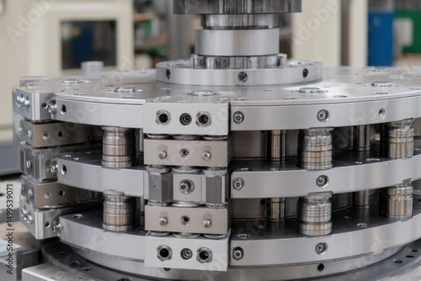 Obraz Close-up of Silver Industrial Rotary Table with Mechanical Components in a Factory Setting for Engineering Applications