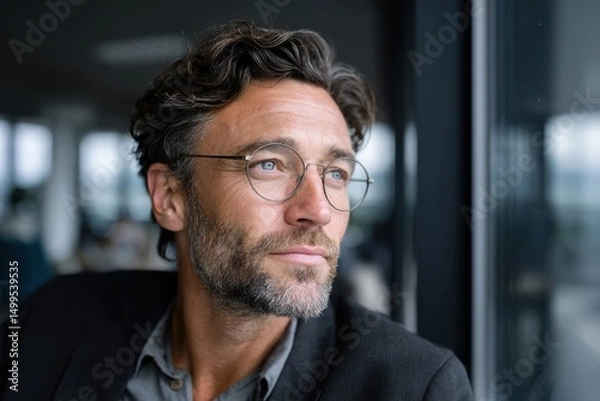 Fototapeta This captivating image shows a thoughtful man gazing out the window of a modern office, reflecting on ideas, dreams, and ambitions in a serene atmosphere.