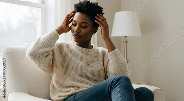 Fototapeta Young Black woman moisturizing natural hair at home