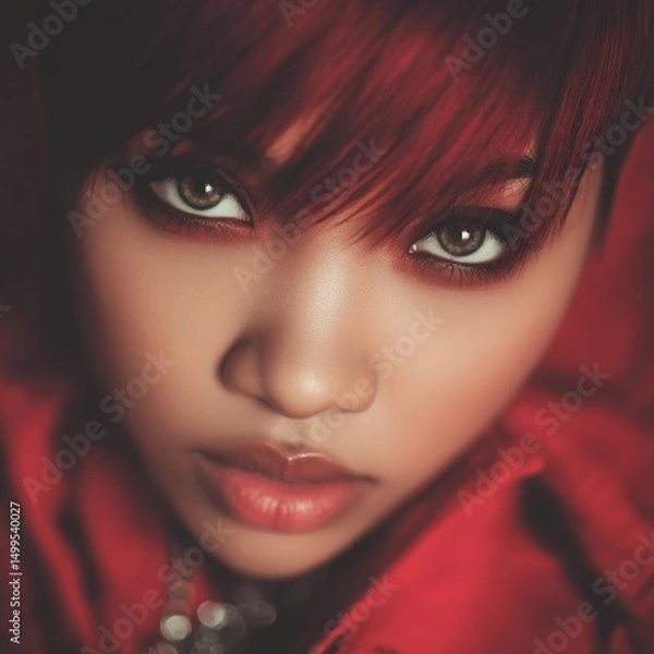 Obraz Close up portrait of a young woman with red hair looking at the camera in a studio setting with dramatic lighting and a shallow depth of field