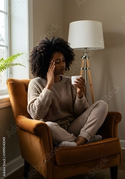 Fototapeta Young Black woman moisturizing natural hair at home
