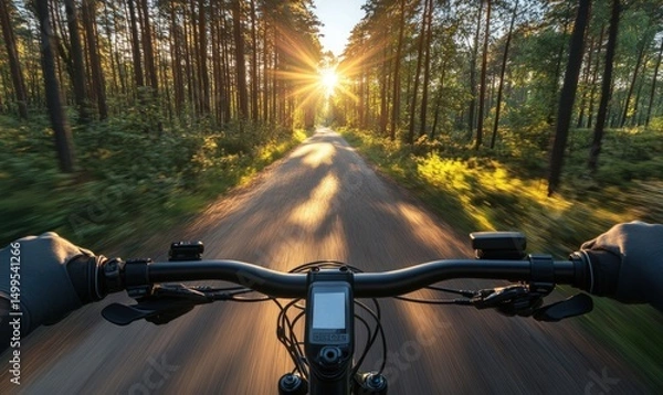 Obraz Cyclist on forest path at sunset