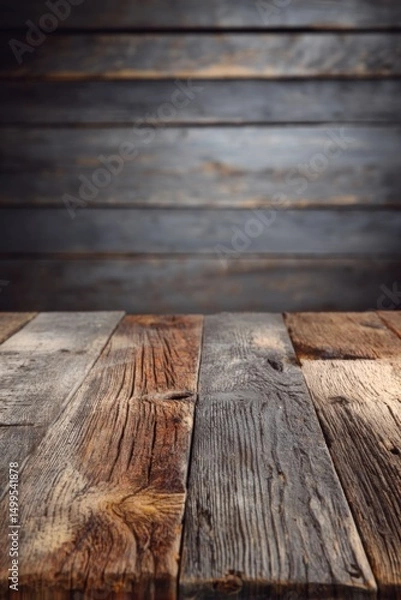 Obraz Rustic wood plank surface with blurred background texture shot at eye level for product mockups and displays