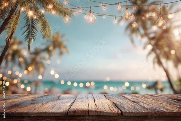 Fototapeta Tropical beach party background with wooden table palm trees and string lights summer vacation concept
