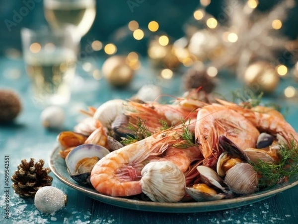Obraz Festive seafood platter with shrimp and clams on a table with holiday decorations and bokeh lights