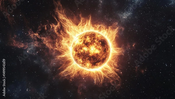 Obraz Bright star like sun with fiery corona in cosmic background