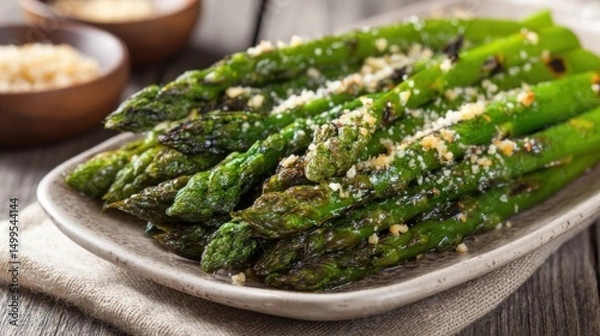 Obraz Close up of grilled asparagus with parmesan cheese on a rustic plate food photography healthy delicious gourmet meal