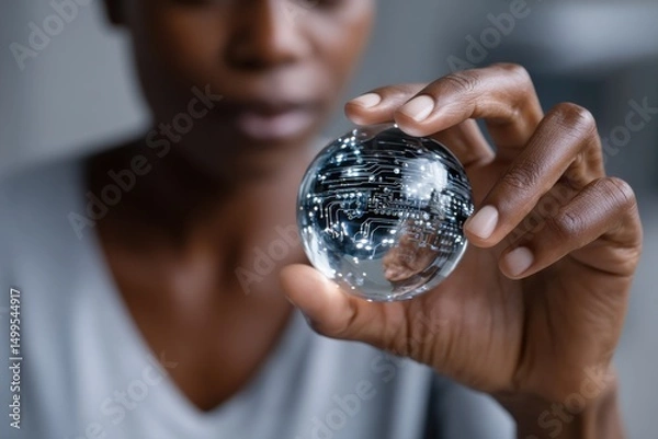 Fototapeta A close-up shot of a person holding a transparent sphere containing circuit patterns, symbolizing the intersection of technology and human thought.