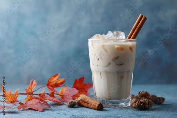 Obraz Autumnal Iced Chai Latte Still Life: Refreshing Drink with Cinnamon Sticks and Fall Leaves on Blue Textured Surface