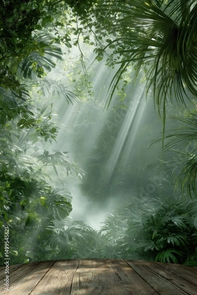 Obraz Tropical Rainforest Background with Sunlight Streaming Through Canopy, Lush Greenery and Wooden Surface, Dreamy Atmosphere