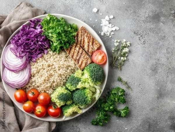 Obraz Overhead shot of healthy vegan bowl with quinoa grilled tofu and fresh vegetables on gray background studio shot