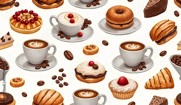 Fototapeta Coffee and Pastry Pattern Illustration with Donuts and Cupcakes