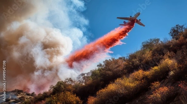 Obraz Aerial firefighting plane releasing orange retardant over wildfire, forest fire suppression operation in progress.