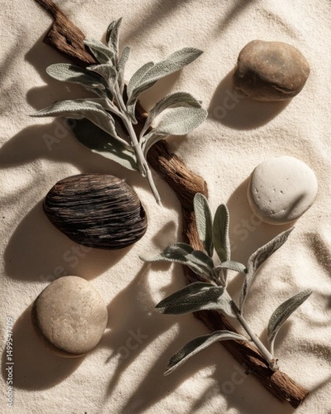 Obraz Zen still life overhead shot featuring sage branch driftwood and smooth stones on sand background