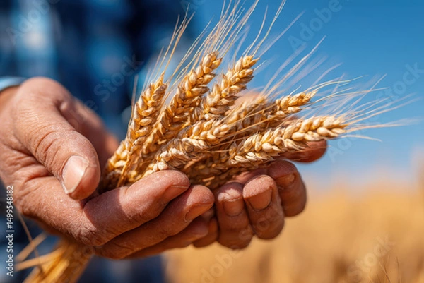Fototapeta Close-up of mature wheat stalks held in rough hands against a sunny blue sky, symbolizing agriculture and harvest.
