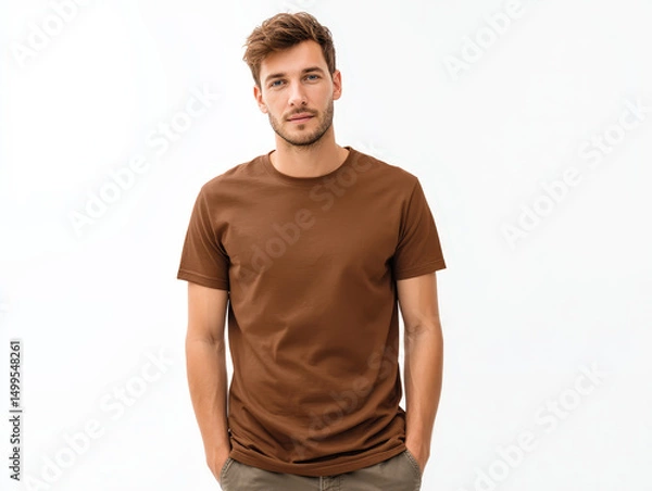 Fototapeta A confident man in a brown t-shirt poses against a clean white background, ideal for fashion branding and design previews.
