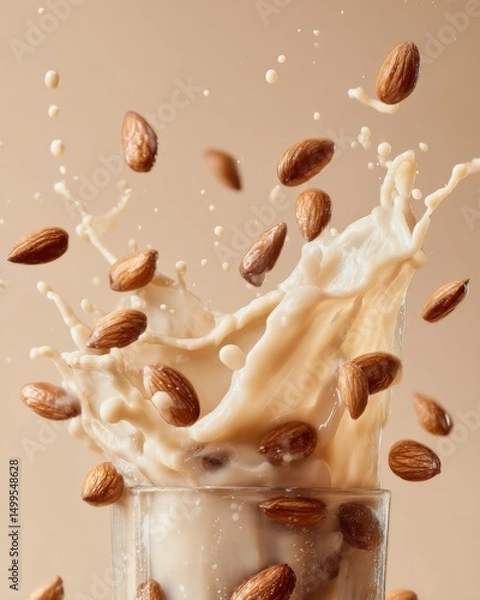 Obraz Almonds splashing into almond milk in a glass on beige background high speed studio shot healthy dairy alternative