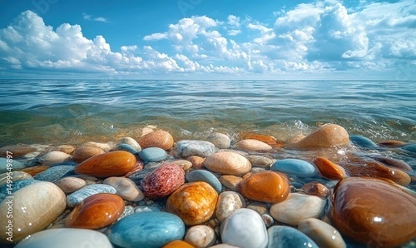 Obraz Vibrant pebbles along a serene shoreline Sunlight and clouds above the calm water