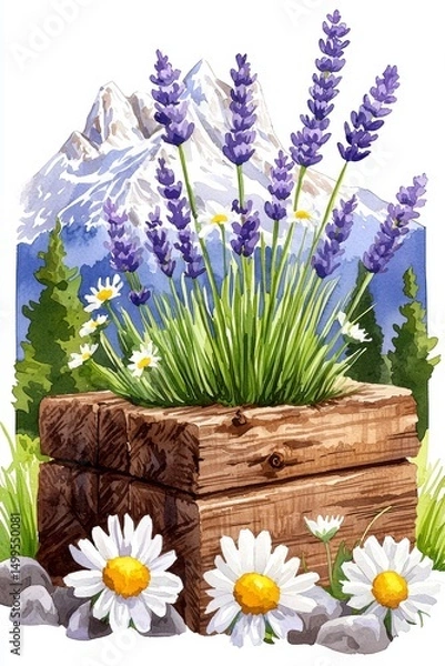 Fototapeta Lavender and Daisies in Wooden Planter with Mountain View