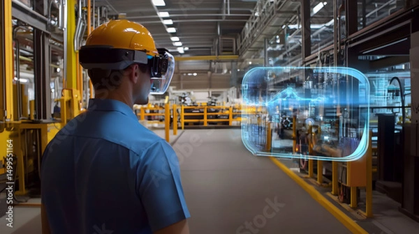 Obraz industrial plant with workers using AR for safety protocols