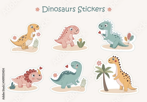 Obraz Set of cute colorful dinosaur stickers with floral and geometric elements. Vector illustration