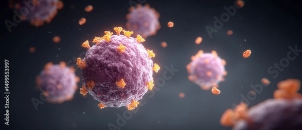Fototapeta Microscopic view of coronavirus cells spreading infection; close-up 3D rendering of virus particles in dark environment; medical illustration of disease