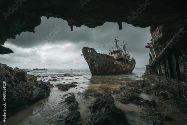 Fototapeta Exploring an abandoned shipwreck on the coast