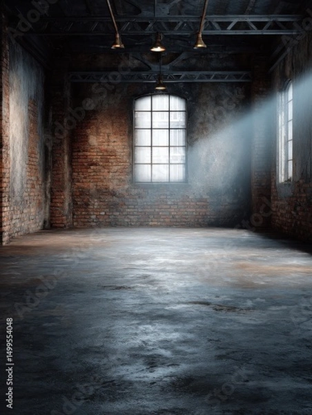 Fototapeta Empty industrial room with brick walls and concrete floor bathed in sunlight from windows architectural interior