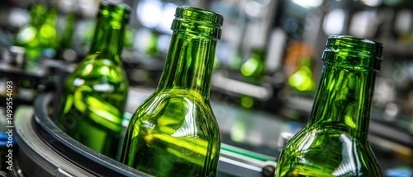 Fototapeta Green Glass Bottles on Conveyor Belt in Factory Production Line Close Up Industrial Manufacturing Process