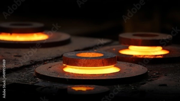 Fototapeta Industrial forging process close-up showing glowing hot metal rings in a dark factory setting, low angle view, manufacturing
