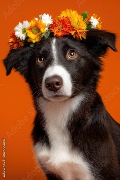 Fototapeta Portrait of Border Collie Puppy Wearing Flower Crown on Orange Background Studio Shot