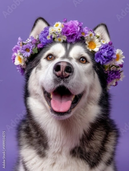 Fototapeta Portrait of a happy husky dog wearing a flower crown on a purple background headshot studio shot smiling with tongue out