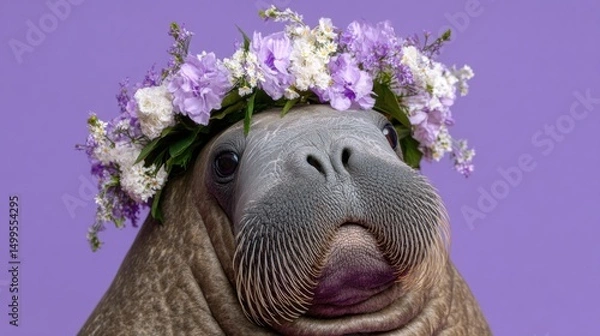 Fototapeta Close up portrait of a walrus wearing a flower crown on a purple background studio shot looking at the camera