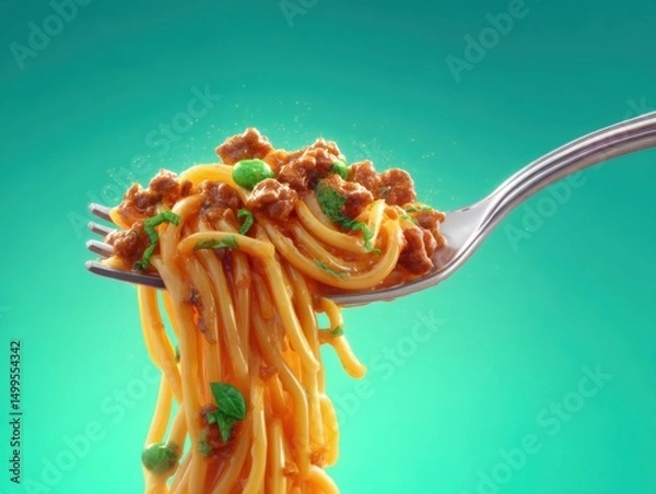 Fototapeta Spaghetti with meat sauce on a fork close up studio shot against a teal background delicious Italian food
