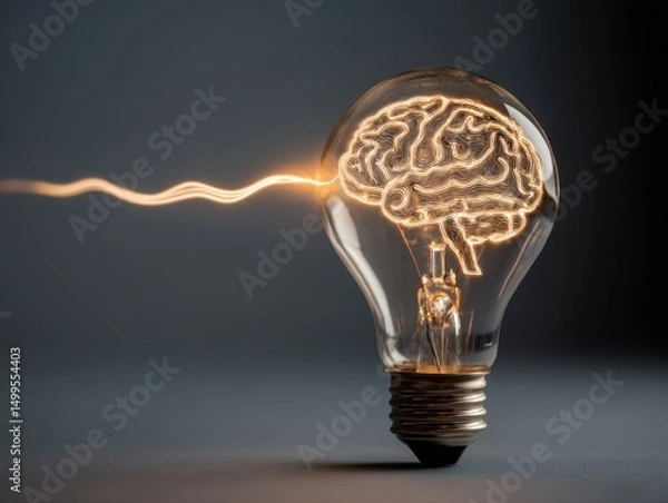 Fototapeta Lightbulb with brain inside emitting light on gray background studio shot illustrating idea concept