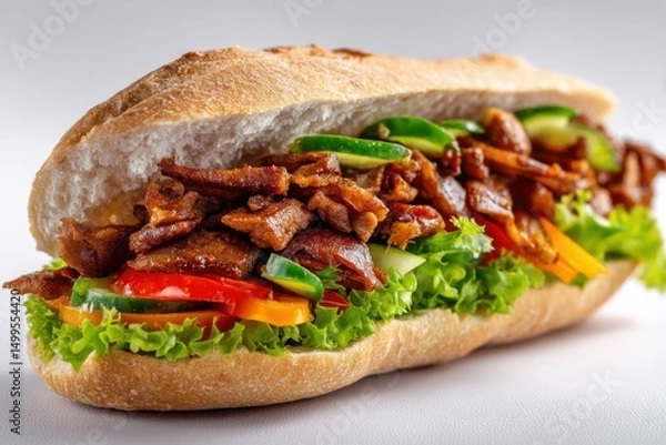 Fototapeta Delicious kebab sandwich close up studio shot featuring fresh vegetables and tender meat on a white background