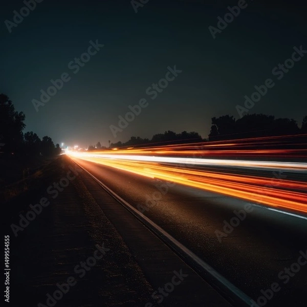 Fototapeta Car Light Trails on Highway at Night Long Exposure Shot with Orange and White Streaks of Motion in Dark Landscape
