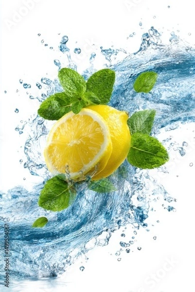 Fototapeta Fresh Lemons and Mint Leaves Splashing in Water on White Background Studio Shot Refreshing Drink Ingredient