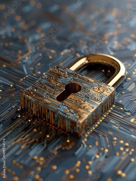 Fototapeta Golden padlock on circuit board close up abstract macro shot security concept digital protection data safety cyber technology