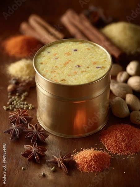Fototapeta Semolina halva in golden tin surrounded by spices and nuts on wooden surface in warm light studio shot