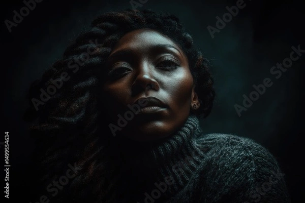 Fototapeta Portrait of a young African American woman looking up with braids and a gray sweater in a dark moody setting